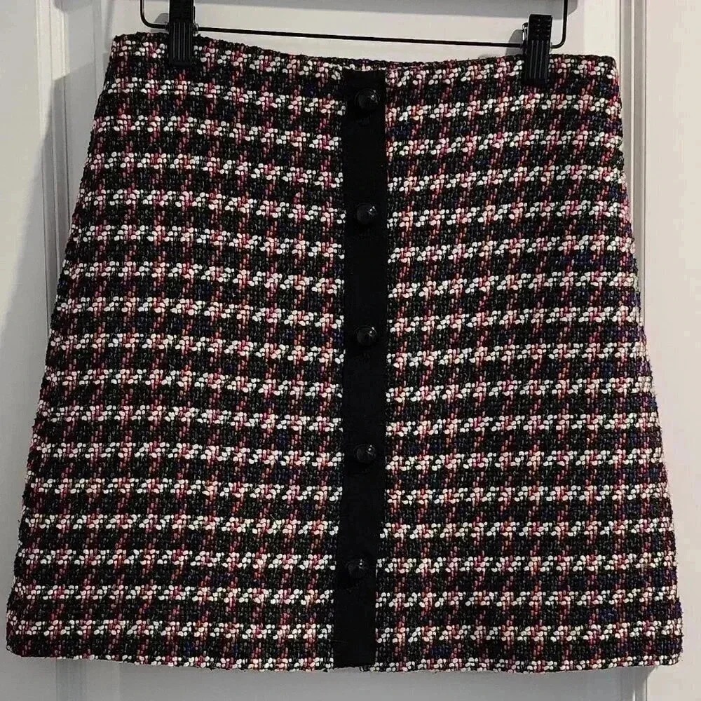 LOFT Tweed Mini Skirt Womens Size 2 Black Red Blue White Button Front Career